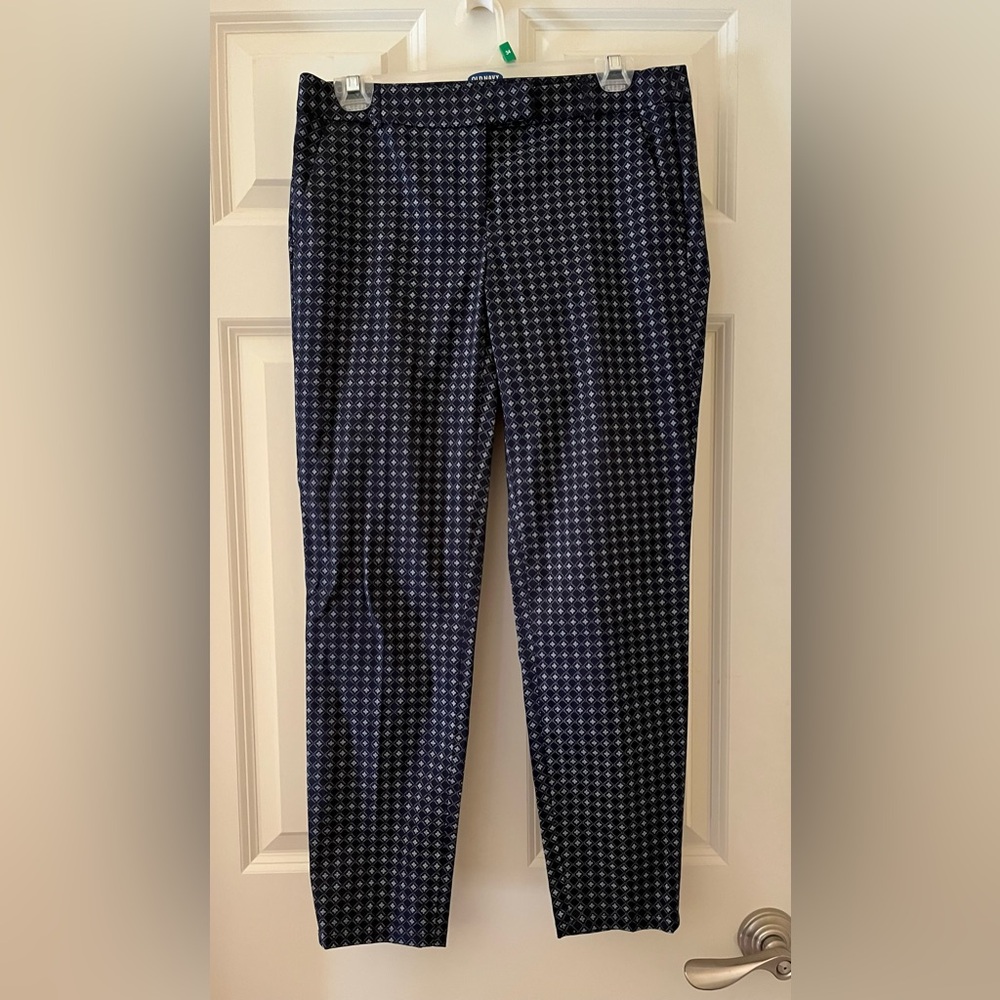 Women’s KENAR Chino Pants Navy Blue & White Geometrical design stretchy Size 4